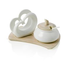 Sada cukorničky a držiaka na obrúsky z porcelánu a bambusu Brandani Double Heart