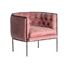 Estila Luxusné chesterfield vintage čalúnené kreslo Kazer s ružovým zamatovým bavlneným poťahom a kovovou zlatou konštrukciou 72 cm