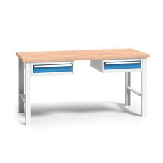Pracovný stôl do dielne WL s 2 závesnými boxami na náradie, buková škárovka, 2 zásuvky, pevné kovové nohy, 2000 mm