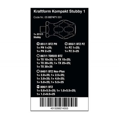 Wera 057471 Skrutkovacie bity s rukoväťou Kraftform Kompakt Stubby 1 (sada 19 kusov)