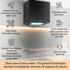Klarstein Kronleuchter Smart, digestor, 40 cm, ostrovčekový, 595 m³/h, ovládánie cez aplikáciu, LED panel, čierna