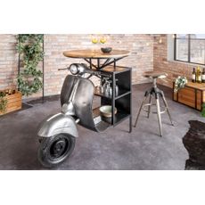 Estila Industriálny barový stôl Scooter s dizajnom motorky a policami a vrchnou doskou z mangového dreva strieborná 116 cm