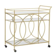 Estila Art deco kovový zrkadlový obdĺžnikový trojposchodový servírovací vozík Nazar na kolieskach so zlatou konštrukciou 80 cm