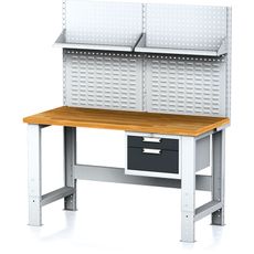 Nastaviteľný dielenský stôl MECHANIC I, závesný box na náradie, nadstavba, polica, 2 zásuvky, 1500x685x700-1055 mm, antracit