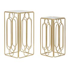 Estila Art deco sada kovových štvorcových zlatých príručných stolíkov Anaka s geometrickými vzormi s vrchnou zrkadlovou doskou 70 cm