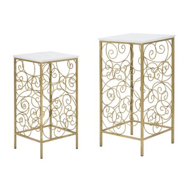 Estila Art deco set štvorcových kovových zlatých príručných stolíkov Lana s doskou s mramorovým bielym dizajnom 70 cm