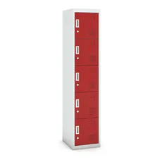 Šatníková skrinka s úložnými boxami, 5 boxov, 1800 x 380 x 450 mm, cylindrický zámok, sivá/červená