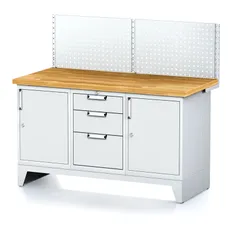Dielenský stôl MECHANIC I , perforovaný panel, 2 skrinky a zásuvkový box na náradie, 3 zásuvky, 1500x685x880 mm, sivé dvere