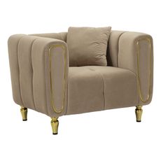 Estila Glamour kreslo Celestia so zamatovým poťahom v svetlo hnedej farbe s vertikálnym prešívaním a zlatými detailmi a vankúšom 97 cm