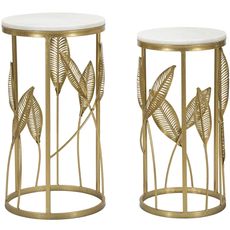 Estila Art deco set dvoch okrúhlych príručných zlatých kovových stolíkov Natura Elegante s bielou doskou a zlatými listami 65 cm