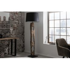 Estila Etno stojaca lampa Adelise s drevenou podstavou a čiernym tienidlom 177cm