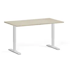 Výškovo nastaviteľný stôl, 140x80 cm, 1 motor, biela podnož, dub prírodný