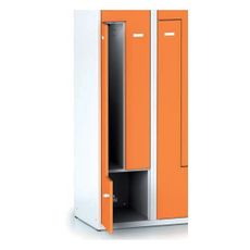 Kovová šatníková skrinka Z, 4 oddiely, 1800 x 800 x 500 mm, cylindrický zámok, oranžové dvere
