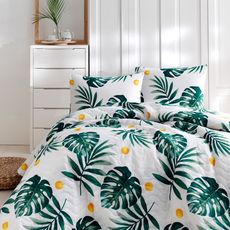 L'essentiel Set bavlněného přehozu přes postel a povlaku na polštář Lura 160x220 cm zeleno-bílé