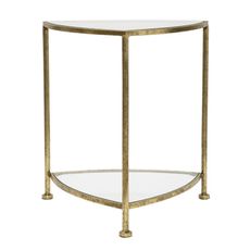 Estila Art deco príručný stolík Vesper so zlatou kovovou konštrukciou a trojuholníkovou sklenenou policou 50 cm