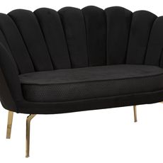 Estila Art deco dvojmiestna čalúnená zamatová sedačka Perla s prešívaným čiernym poťahom so zlatými kovovými nožičkami 136 cm