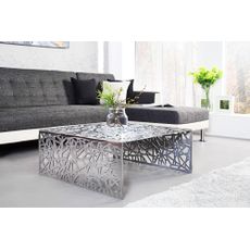 Estila Dizajnový art deco strieborný štvorcový kovový konferenčný stolík Ideal s geometrickými vyrezávanými vzormi 60 cm