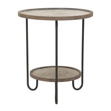 Estila Vintage príručný stolík Astor s čiernou kovovou konštrukciou s okrúhlymi drevenými hnedými doskami s dekoratívnym vzorom 55 cm