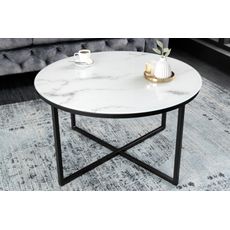 Estila Moderný biely okrúhly konferenčný stolík Industria Marbleux s mramorovým vzhľadom s čiernou kovovou podstavou 80cm