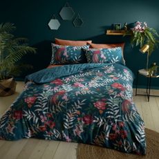 Tmavozelené predĺžené obliečky na dvojlôžko 230x220 cm Tropical Floral Birds – Catherine Lansfield