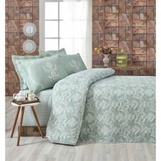 Set prešívaného plédu a 2 obliečok na vankúše Mijolnir Pure Water Green, 200 x 220 cm