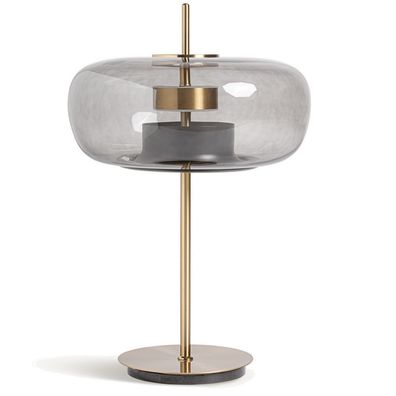 Estila Štýlová art deco atypická oblá stolná LED lampa so zlatou kovovou nohou a skleneným krytom so zadymeným efektom 69 cm