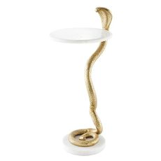 Estila Štýlový art deco kovový zlatý príručný stolík Tierra Glam s okrúhlou mramorovou doskou a nohou v podobe hada 63 cm