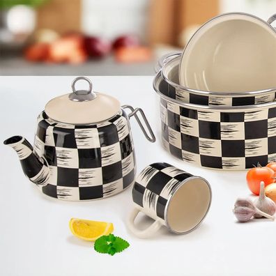 Hrnček smalt ŠACHOVNICA Lem 0,41 l, pr. 8,8 cm