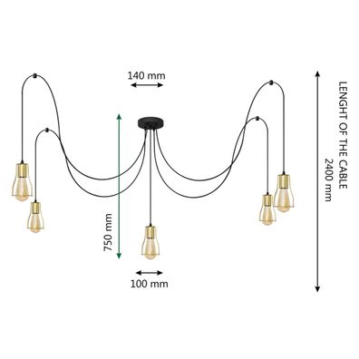 Luster na lanku TUBE LONG 5xE27/15W/230V čierna/zlatá