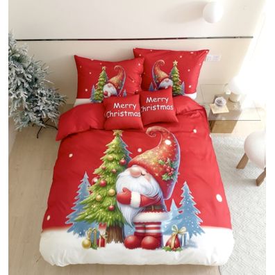 3 dielne Vianočné Flanelové obliečky 3D polycotton Červený Trpaslík 200x140cm+90x70cm TiaHome