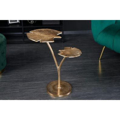 Estila Dizajnový príručný stolík Ginko v art deco štýle s dvoma doskami v tvare listu v zlatej farbe 56cm