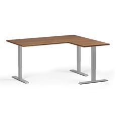 Výškovo nastaviteľný stôl, 160x140 cm, 3 motory, L/P, sivá podnož, orech