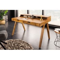 Estila Retro masívny písací stôl Akácia z mangového hnedého dreva s lakovaným povrchom na šikmých nožičkách so zásuvkami 120cm