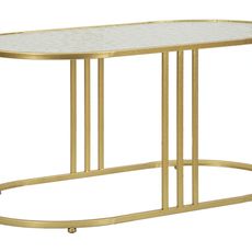Estila Glamour kovový zlatý oválny konferenčný stolík Meno s vrchnou doskou z jemne priehľadného skla 50 cm