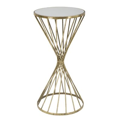 Estila Art deco príručný stolík Elizia so zlatou kovovou konštrukciou a okrúhlou zrkadlovou doskou so špirálovým dizajnom 70 cm