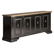 Estila Luxusný štvordverový čierny vintage príborník Laurent s vyrezávaným zdobením a prírodnou hnedou vrchnou doskou 220 cm