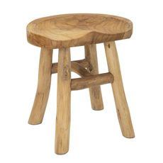 Estila Vidiecka okrúhla hnedá taburetka Mila so štruktúrou letokruhov z teakového dreva so štyrmi nožičkami 42 cm