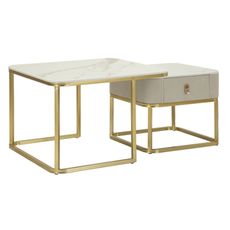Estila Art deco set štvorcových sivých mramorových konferenčných stolíkov Glamia Tapisé so zlatou nohou so zásuvkou 70 cm