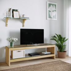 Set televízneho stolíka Moduvo 140 cm a nástennej police v dubovej farbe