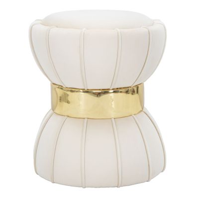 Estila Dizajnová art deco zamatová taburetka Glamia Tapisé s čalúnením v krémovej farbe a zlatým detailom 40 cm