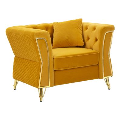 Estila Glamour kreslo Velaria s operadlom v chesterfield dizajne so zamatovým čalúnením v žltej farbe a zlatými detailmi 104 cm