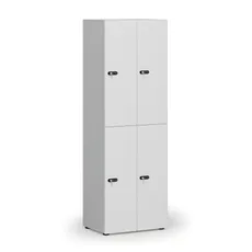 Drevená šatníková skrinka s úložnými boxmi, 4 boxy, mechanický kódový zámok, sivá/biela