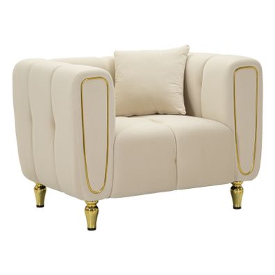 Estila Glamour kreslo Celestia so zamatovým poťahom v krémovej béžovej so zlatými detailmi a kónickými nožičkami 97 cm