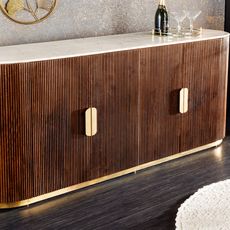 Estila Luxusný art deco oválny štvordverový príborník Gatsby z mangového dreva s mramorovou vrchnou doskou hnedá biela 180 cm