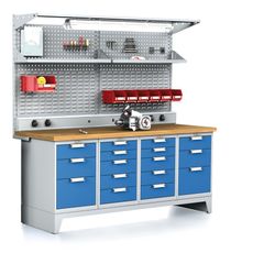 Dielenský stôl MECHANIC I, perfopanel, polica, el. zásuvky, osvetlenie, 2x 5 a 2x 3 zásuvkový box na náradie, 16 zásuviek, modré dvere