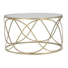 Estila Art deco okrúhly zlatý kovový konferenčný stolík Rendy s atypickou nohou a vrchnou zrkadlovou doskou 70 cm