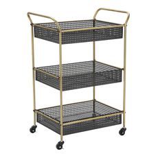 Estila Art deco obdĺžnikový kovový zlato čierny servírovací vozík Zero na kolieskach s tromi úložnými boxmi 81 cm