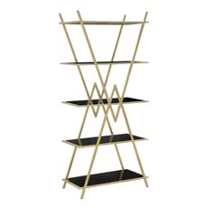 Estila Dizajnový glamour regál Triangolo Oro so štyrmi policami z čierneho skla a geometrickou zlatou konštrukciou 180 cm