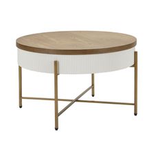 Estila Dizajnový art deco biely okrúhly konferenčný stolík Glamia Blanc s úložným priestorom a hnedou drevenou doskou 80 cm