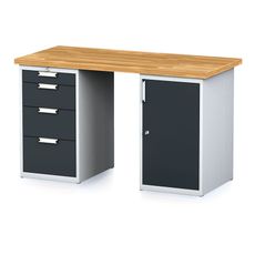 Dielenský stôl MECHANIC I so zásuvkovým boxom a skrinkou na náradie namiesto nôh, 4 zásuvky, 1500 x 685 x 880 mm, antracitové dvere